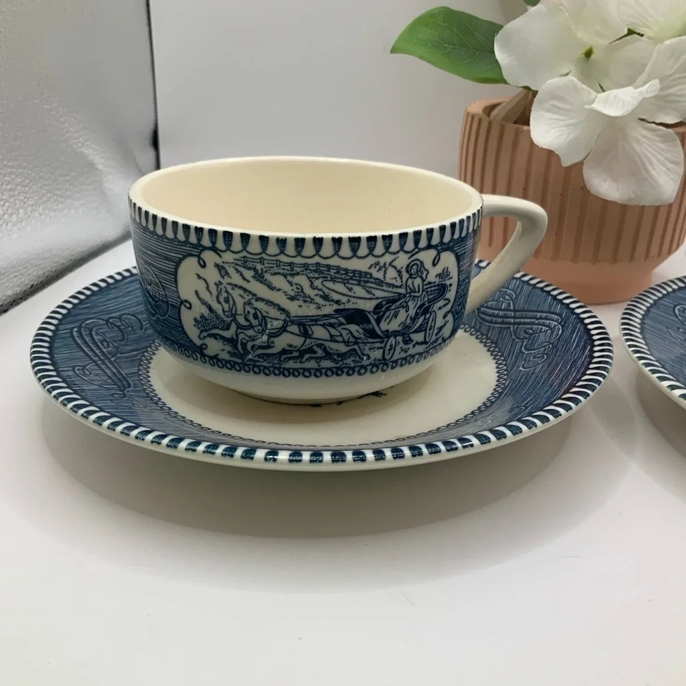 Royal China Vintage Currier & Ives Pattern Horse & Buggy Teacups Saucers